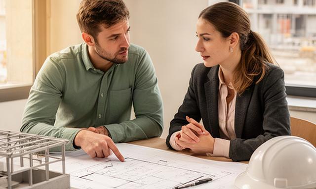 Ingenieur bespricht Kostenplan mit Bauleiterin an einem Tisch mit Bauplänen