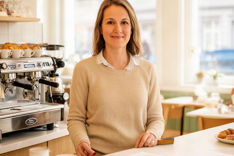 Café-Betreiberin an der Theke eines hellen Freiburger Cafés mit Tagesabrechnung