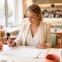 Gastronomin Elektra Arsu in einem hellen Restaurant bei der Wochenplanung