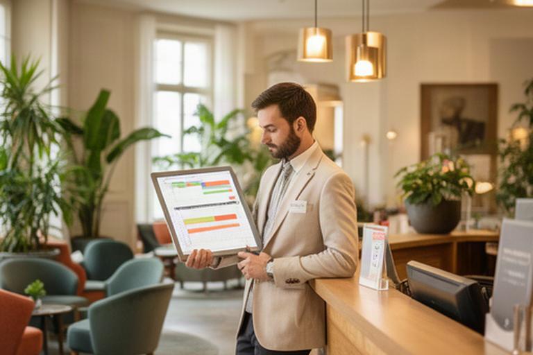 Hotelier in der Lobby eines Freiburger Hauses mit Buchungsübersicht für die Sommersaison