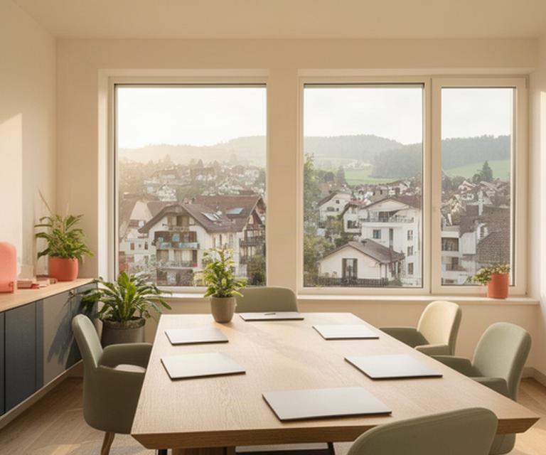 Helles Büro von A1 Weitblick Fribourg an der La Chenevière in Fribourg mit Besprechungstisch und Blick auf die Umgebung
