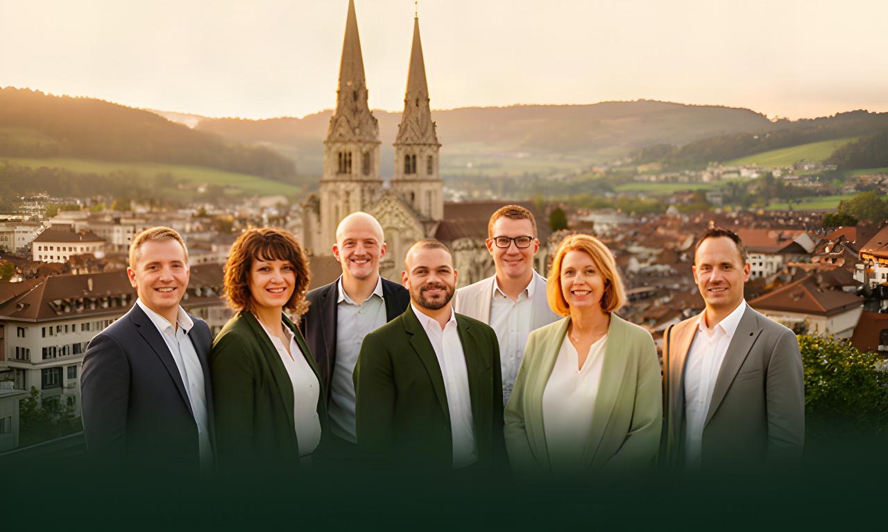 Beratungsteam von A1 Weitblick Fribourg vor einem Fribourger Wahrzeichen im warmen Abendlicht